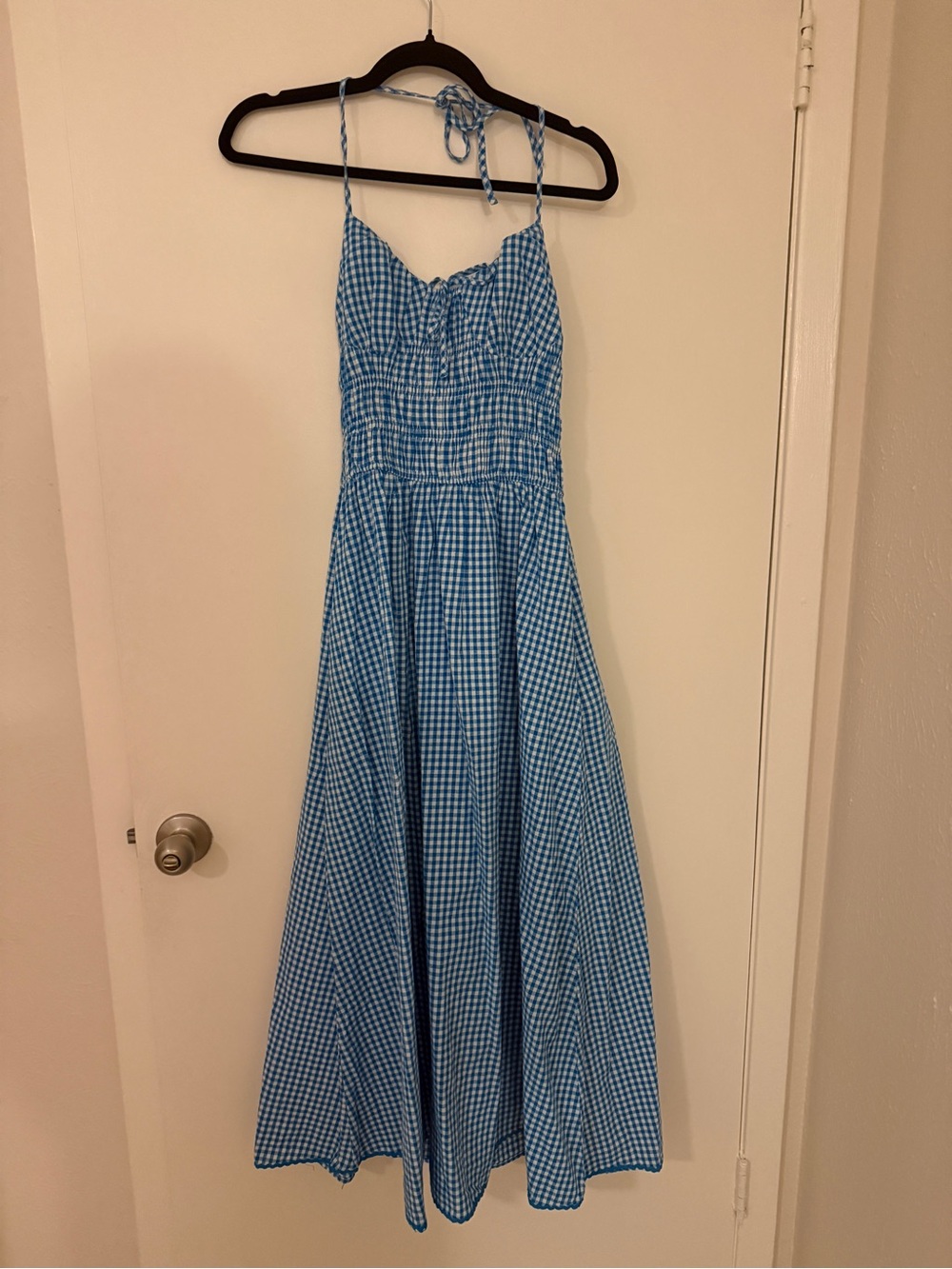 Amazon Blue Gingham Maxi Dress with Smocked Bodice